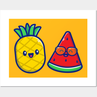 Cute Pineapple with Watermelon Cartoon Posters and Art